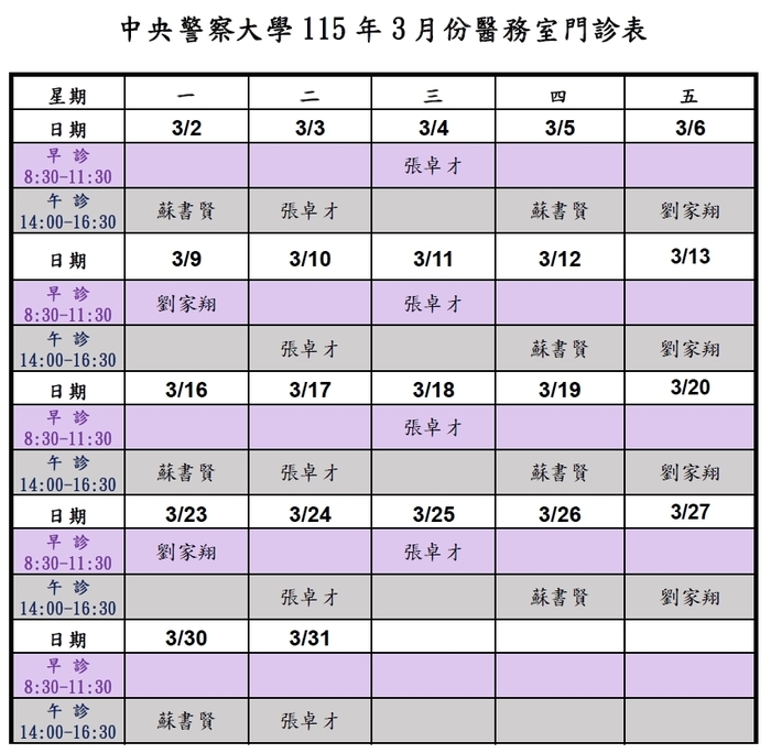 115年3月份門診表